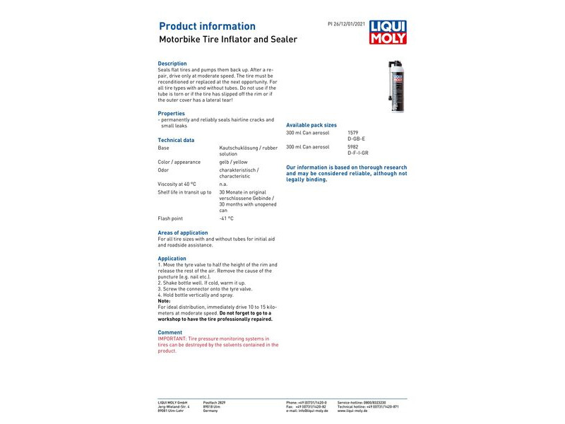 LIQUI MOLY 300ml Tyre Inflater And Sealer - #1579 click to zoom image