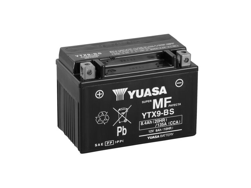 YUASA YTX9BS-12V MF VRLA - Dry Cell, Includes Acid Pack click to zoom image